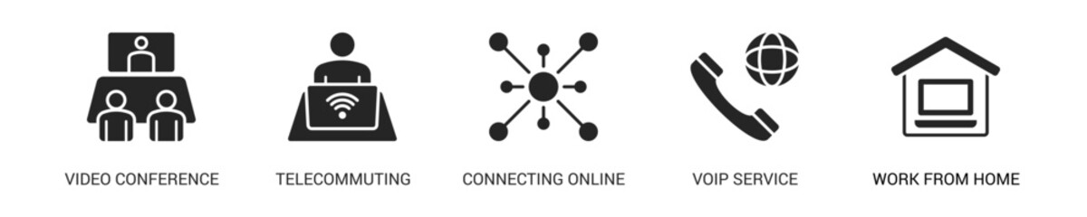 Remote Working Glyph Icon Set For Web Banner. Vector Illustration Concept With Some Icons. Designed In Glyph Style