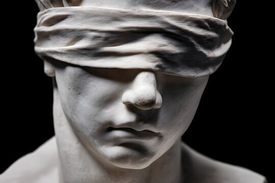 Statue of blindfolded man against a black background