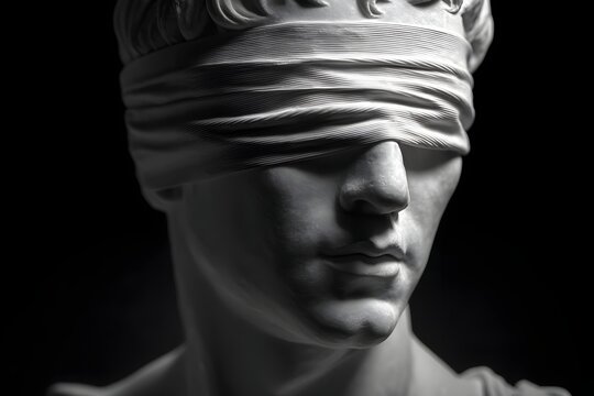 Blindfolded bust with a black background in dramatic lighting