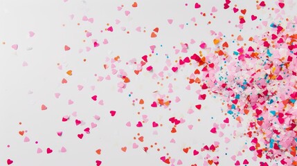 Colorful heart shaped confetti on a white background. Valentine's Day celebration flat lay. Love and romance concept with copy space