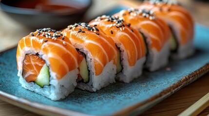 Close up of a row of salmon sushi rolls topped with sesame seeds on a blue plate