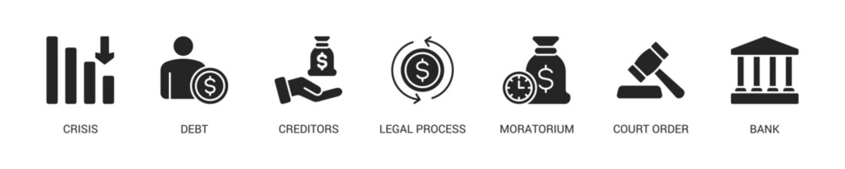 Bankruptcy Glyph Icon Set For Web Banner. Vector Illustration Concept With Some Icons. Designed In Glyph Style