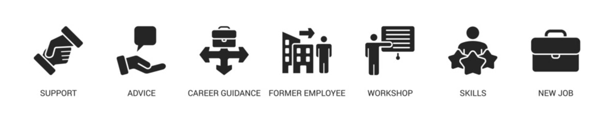 Outplacement Glyph Icon Set For Web Banner. Vector Illustration Concept With Some Icons. Designed In Glyph Style