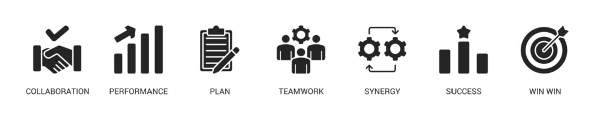 Partnership Glyph Icon Set For Web Banner. Vector Illustration Concept With Some Icons. Designed In Glyph Style