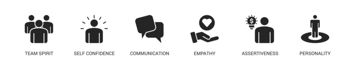 Soft Skill Glyph Icon Set For Web Banner. Vector Illustration Concept With Some Icons. Designed In Glyph Style