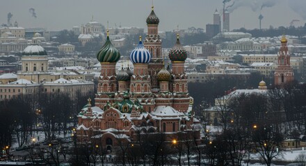 Saint Basil's Cathedral in Moscow during winter season with beautiful snow covered landscape is