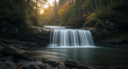 Scenic beauty of a waterfall cascading through a lush green forest landscape scene