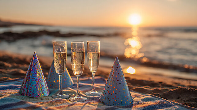Champagne glasses and colorful party hats arranged on a beach towel at sunset, creating a festive atmosphere for celebration and relaxation by the ocean