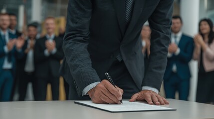 Professional executive signs important document while colleagues applaud in the background