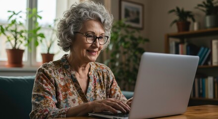 Senior woman using laptop at home, showcasing technology adoption in elderly people