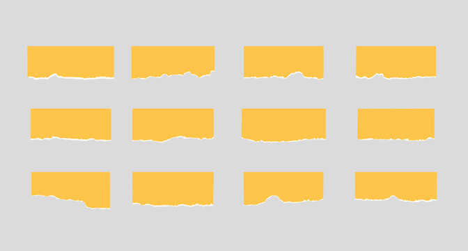Set of vector torn paper pieces. Yellow, rectangular stickers with white ripped edge