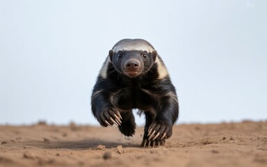 honey badger sprinting directly toward the camera, claws digging into the ground.