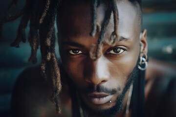 Intense portrait of a black man with dreadlocks and piercing looking at camera