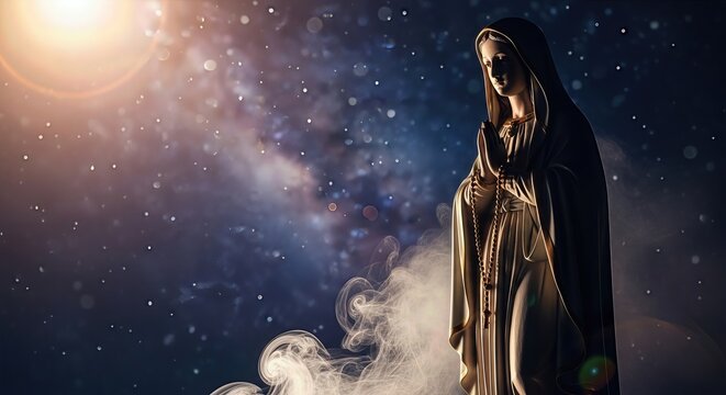 Virgin Mary praying statue, radiating divine light in a starry cosmos. Celebrating Our Lady of Caacupe Day, the Christian holiday in Paraguay, Feast of Immaculate Conception.