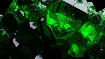 Close-up of vibrant green glowing crystals with dark facets, showcasing a mysterious and ethereal mineral formation.