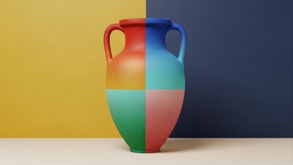 Colorful Amphora Vase on a Split Yellow and Blue Background.