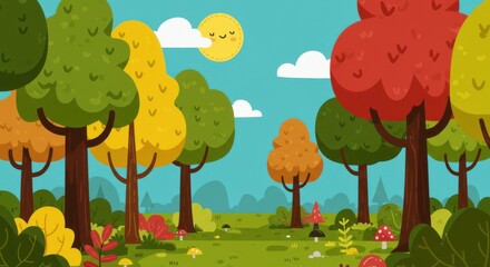 Whimsical autumn forest landscape with cartoon trees and smiling sun illustration