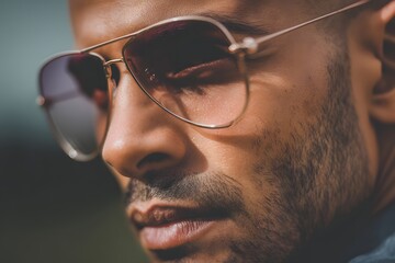 Obraz premium Close-up portrait showcasing masculine features of a man with sunglasses
