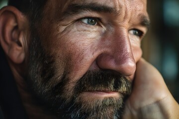 Obraz premium Close up of an adult man with salt and pepper beard resting his head on his hand