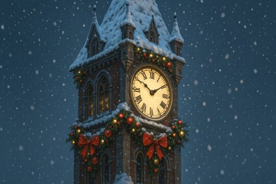 Snowy clock tower festive night