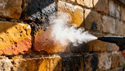 Medium shot showcasing steam cleaning on a masonry wall lifting dirt and grime to reveal vivid natural stone tones and texture beneath.