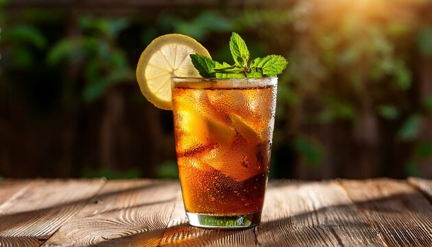 a refreshing iced tea with mint leaves and a lemon slice presented in a glass with condensation on a rustic wooden surface bathed in natural sunlight