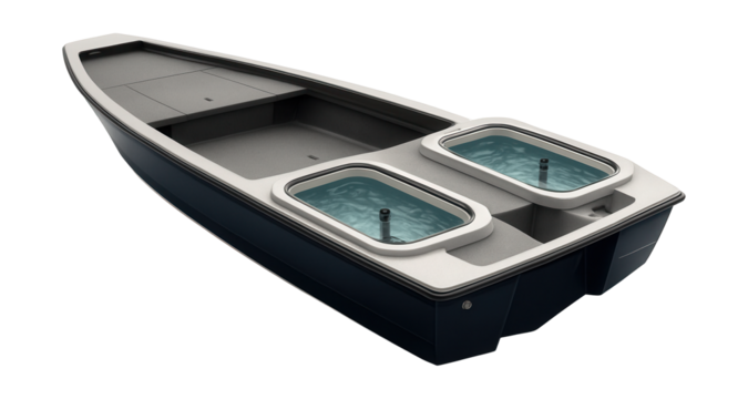 Low-profile fishing boat featuring dual live wells.