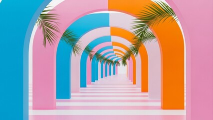 Colorful Archway with Palm Fronds - A Tropical Architectural Wonder.