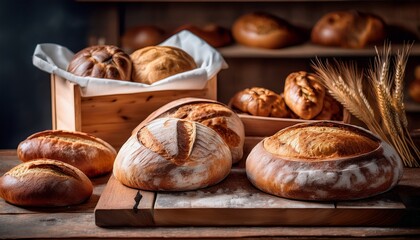 artisan bakery showcases fresh baked loaves in rustic packaging crusty bread displays on wooden table evoking homemade warmth and delicious taste natural organic ingredients used for healthy food