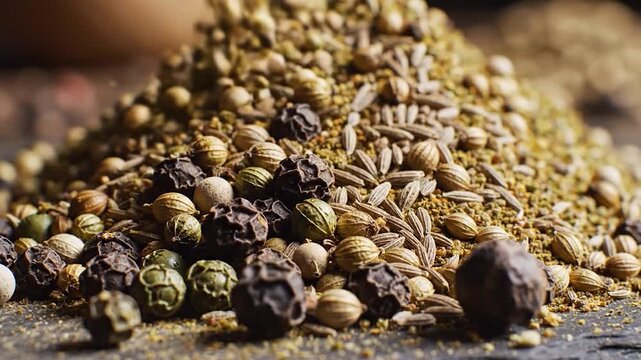 Aromatic spice blend with whole peppercorns and seeds 4k video