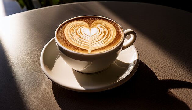 a beautiful latte art heart design graces a cup of coffee resting on a saucer on a table with shadows cast by sunlight - Powered by Adobe
