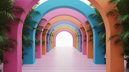 Colorful Archway Tunnel with Tropical Plants and Bright Light.