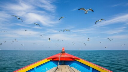 Colorful Boat Sailing on Calm Blue Sea with Seagulls Flying Under a Bright Sky.