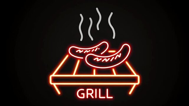 Neon GRILL sign featuring a glowing grate with two sausages in warm red and orange tubes, soft smoke lines rising above and a gentle on-off flicker against a solid black background for food branding.