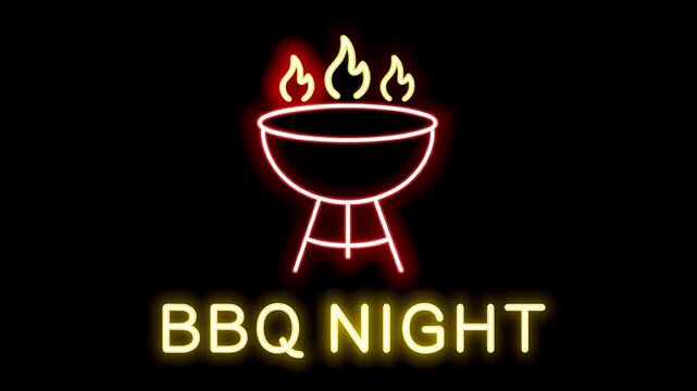 Neon BBQ NIGHT sign featuring a glowing round grill with three bright flames in red and yellow tubes, rhythmic party-style flicker against a pure black background, perfect for nightlife and food brand