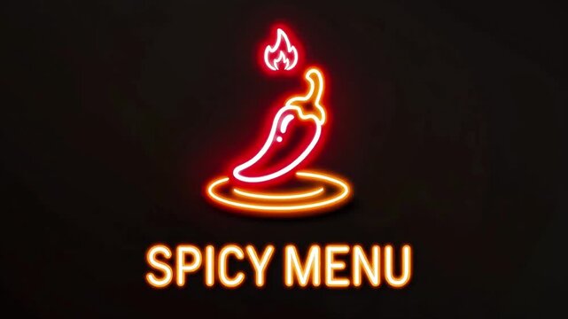 Neon SPICY MENU sign featuring a glowing chili pepper on a small plate with a tiny flame above, bright red and orange tubes creating a hot rhythmic flicker against a pure black background
