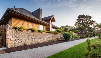 stone filled gabion wall protecting residential building wooden roofed bordered by landscaped pathway with surrounding greenery