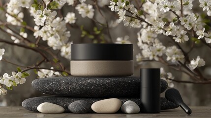 Still life of stacked containers on stones with flowering branches in background
