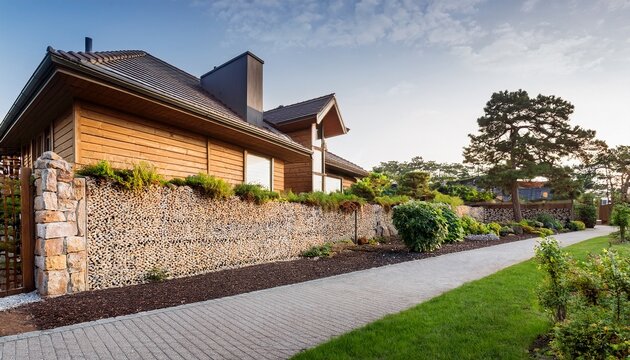 stone filled gabion wall protecting residential building wooden roofed bordered by landscaped pathway with surrounding greenery