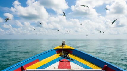 Colorful Boat Sailing on Calm Waters with Birds Flying Above.