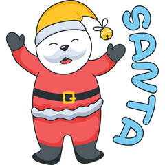 Cute Cartoon Santa Claus Character With Yellow Hat And Red Suit Celebrating Christmas Festive Season Joyful Expression With Bell On Hat And Text SANTA In Blue On Transparent Background