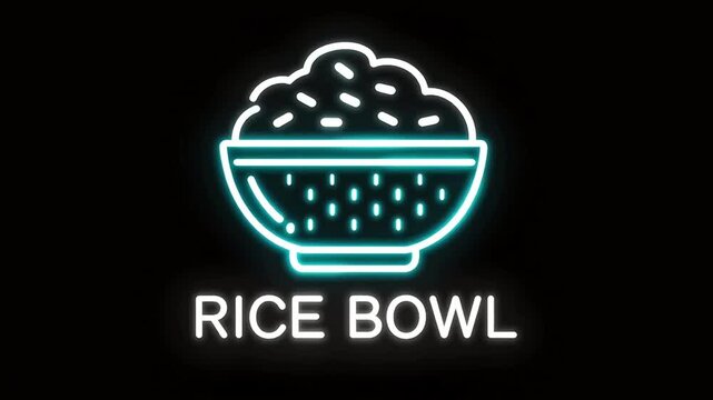Neon RICE BOWL sign featuring a glowing bowl with small rice dot patterns in clean white and cyan tubes, soft breathing glow effect against a solid black background, minimal modern food branding