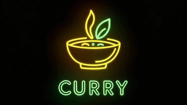 Neon CURRY sign featuring a glowing bowl with two simple leaf shapes on top in bright yellow and green tubes, soft radiant aura surrounding the icon against a pure black background for food branding v