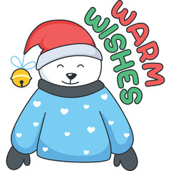 Cute Polar Bear Wearing A Santa Hat And Blue Sweater With Heart Patterns Sending Warm Wishes A Festive Christmas Illustration With Transparent Background