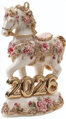 Elegant porcelain horse figurine decorated with gold and pink flowers stands on a base with bold golden 2026 numbers, luxurious keepsake for the New Year.