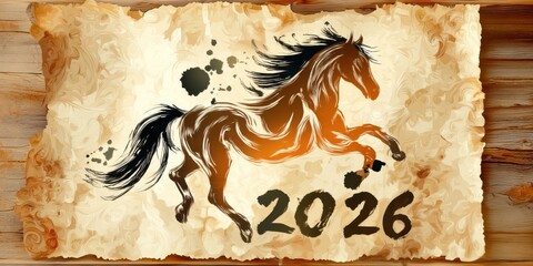 Silhouette of a running horse in ink-brush style with 2026 text painted on an aged parchment scroll lying on wooden boards, vintage design for the Year of the Horse.