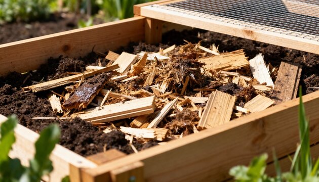 Medium shot of biodegradable siding waste decomposing in a controlled compost bin showcasing environmentally safe disposal practices for building materials.