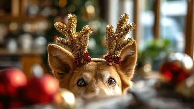 Pet wearing reindeer antlers with Christmas decorations pet face partially visible emphasis on antlers holiday pet festive animal Christmas costume cute pet seasonal outfit