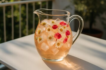 glass pitcher filled with ice cubes and flowers on a white table