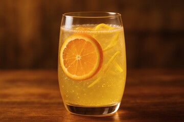 refreshing orange cocktail in a glass with a slice of orange garnish on wooden table